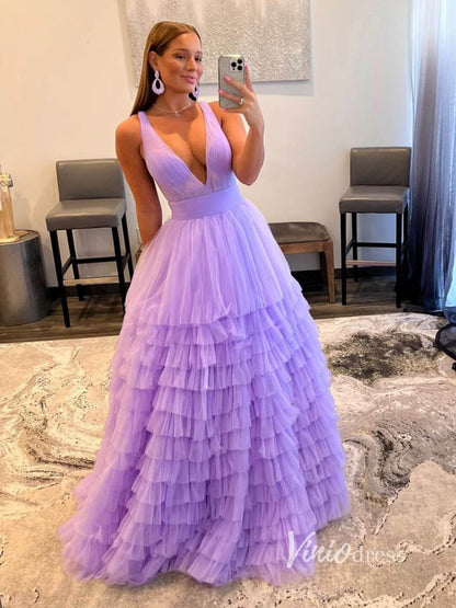 Orange Layered Ruffle Prom Dresses Plunging V-Neck Evening Dress FD2927-prom dresses 2025 -Viniodress-Lilac-Custom Size-
