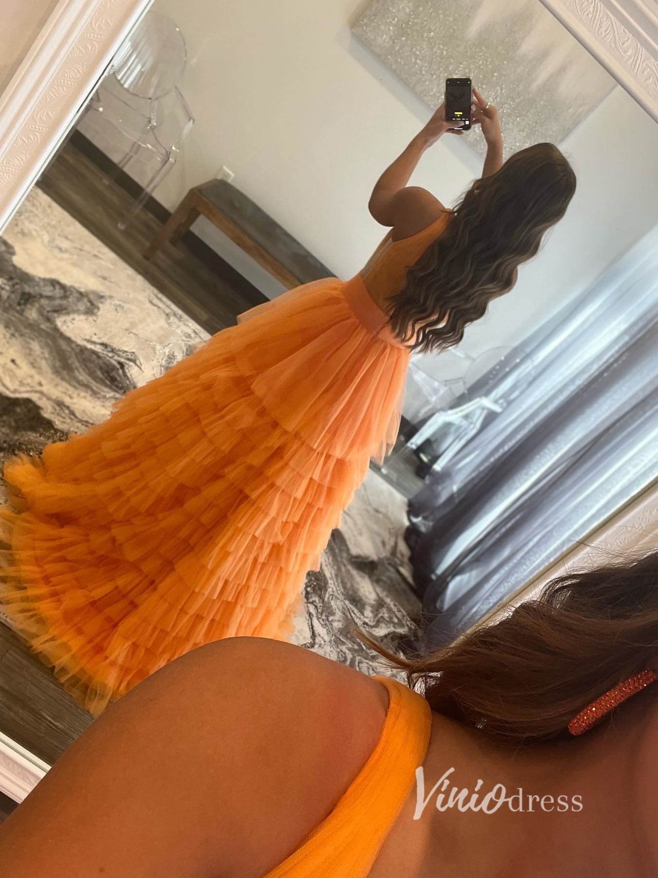 Orange Layered Ruffle Prom Dresses Plunging V-Neck Evening Dress FD292 Viniodress Orange Layered Ruffle Prom Dresses Plunging V-Neck Evening Dress FD292 Viniodress