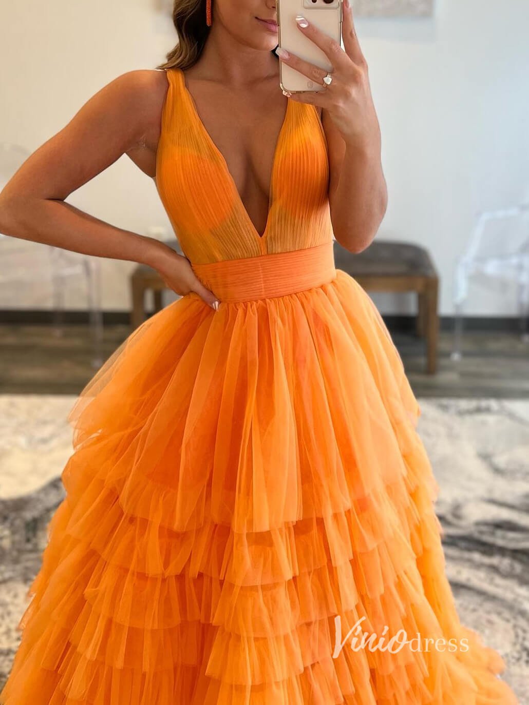 Orange Layered Ruffle Prom Dresses Plunging V-Neck Evening Dress FD2927-prom dresses 2025 -Viniodress-Orange-Custom Size-