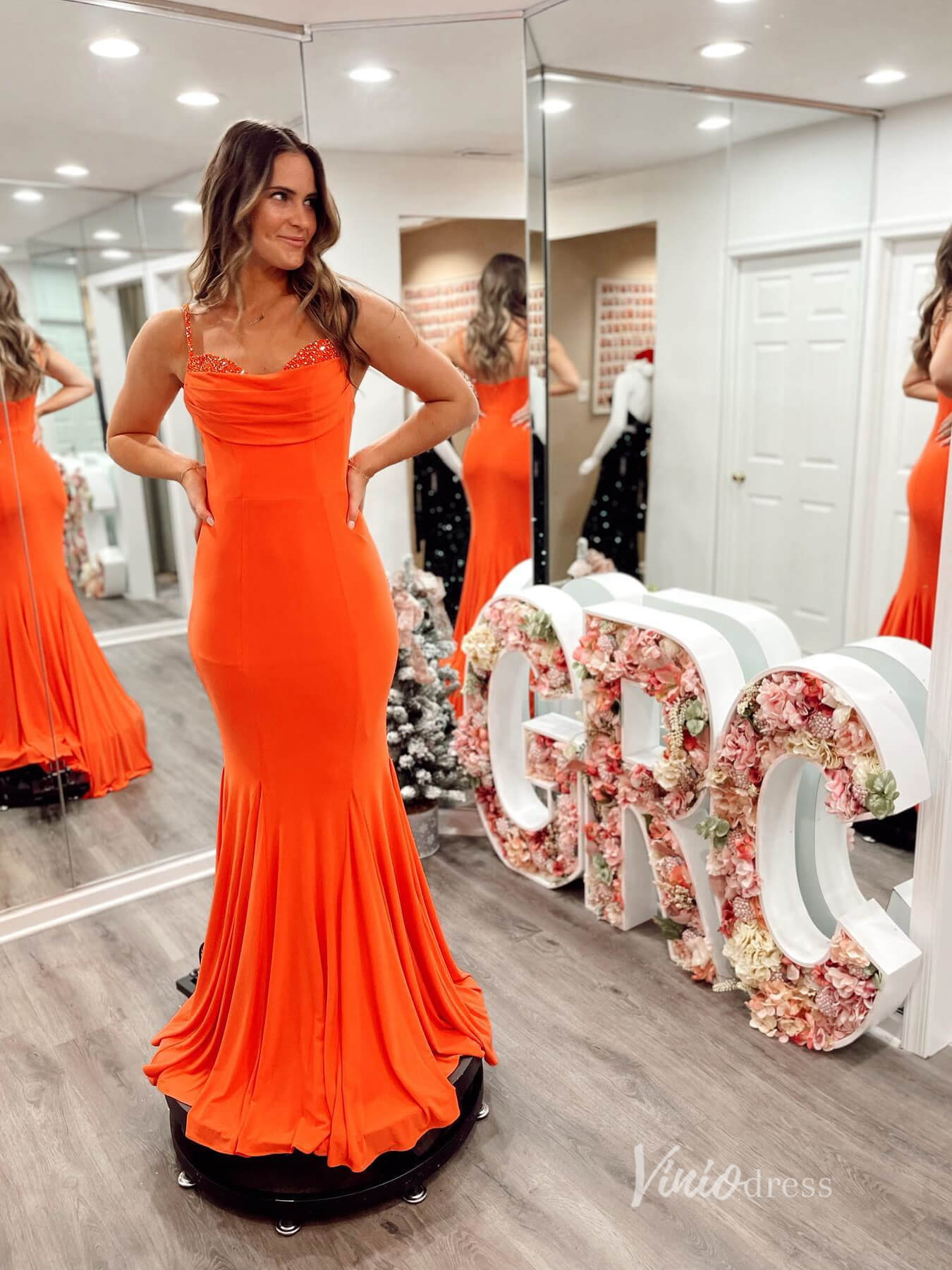 Orange Mermaid Satin Prom Dresses Spaghetti Strap Evening Dress FD3665-prom dresses 2025 -Viniodress-Orange-Custom Size-