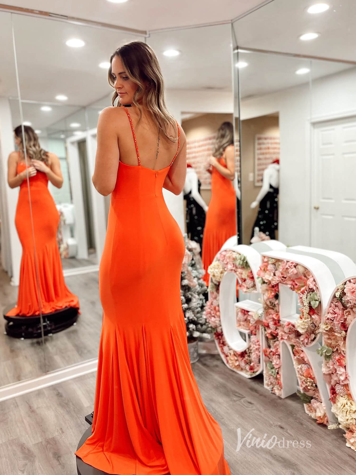 Orange Mermaid Satin Prom Dresses Spaghetti Strap Evening Dress FD3665-prom dresses 2025 -Viniodress-Orange-Custom Size-