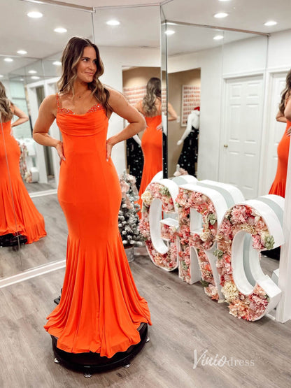 Orange Mermaid Satin Prom Dresses Spaghetti Strap Evening Dress FD3665-prom dresses 2025 -Viniodress-Orange-Custom Size-