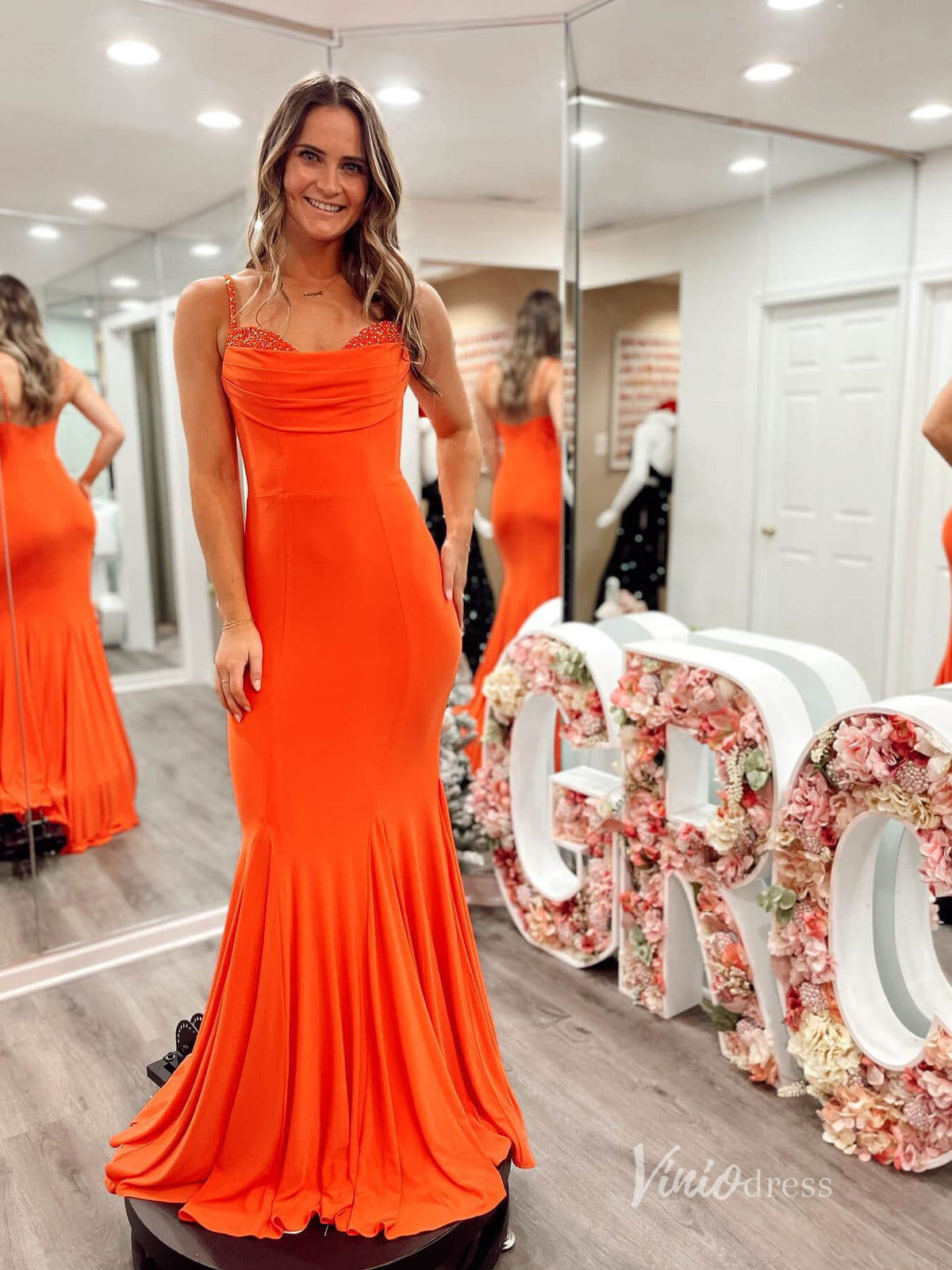 Orange Mermaid Satin Prom Dresses Spaghetti Strap Evening Dress FD3665-prom dresses-Viniodress-Orange-Custom Size-Viniodress