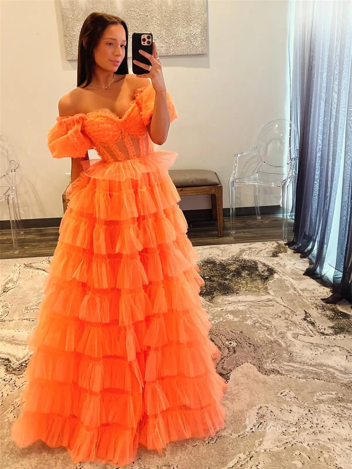 Orange Pleated Tulle Ruffled Prom Dresses with Slit & Puffed Sleeve - FD3747-prom dresses 2025 -Viniodress-Orange-Custom Size-