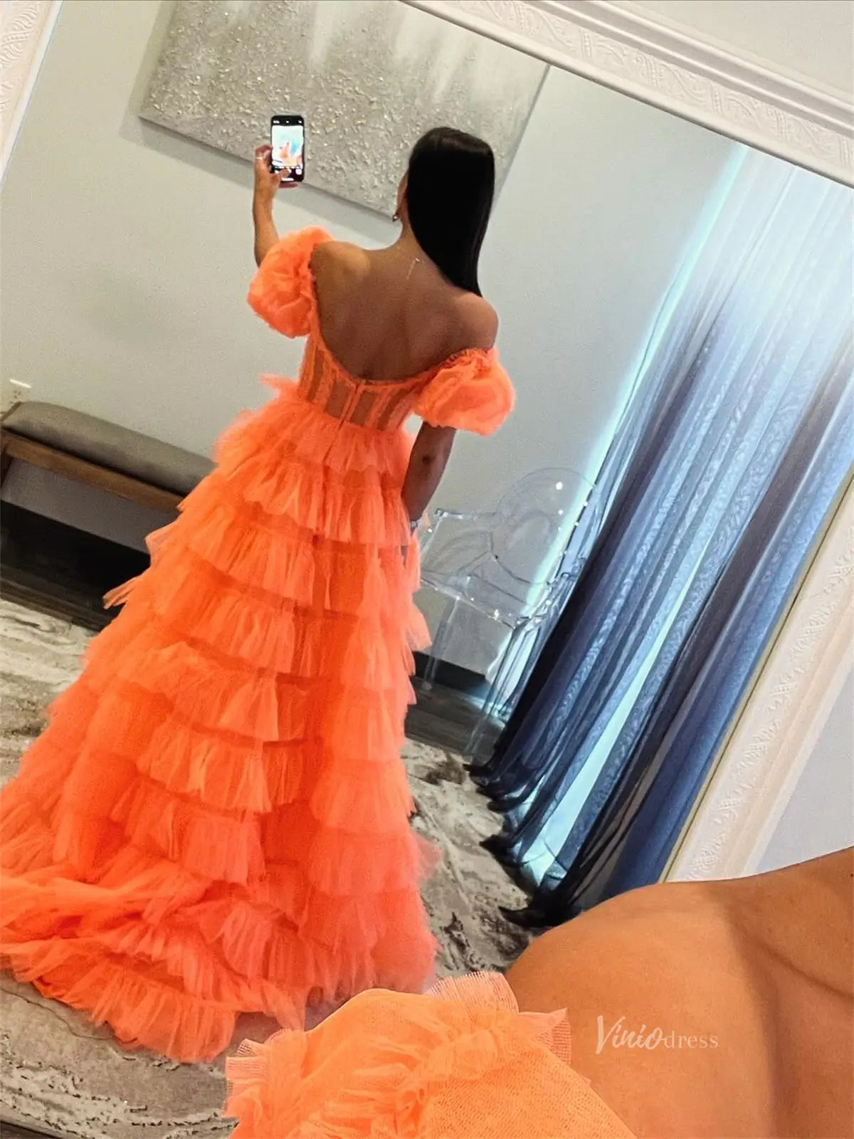 Orange Pleated Tulle Ruffled Prom Dresses with Slit & Puffed Sleeve - FD3747-prom dresses 2025 -Viniodress-Orange-Custom Size-