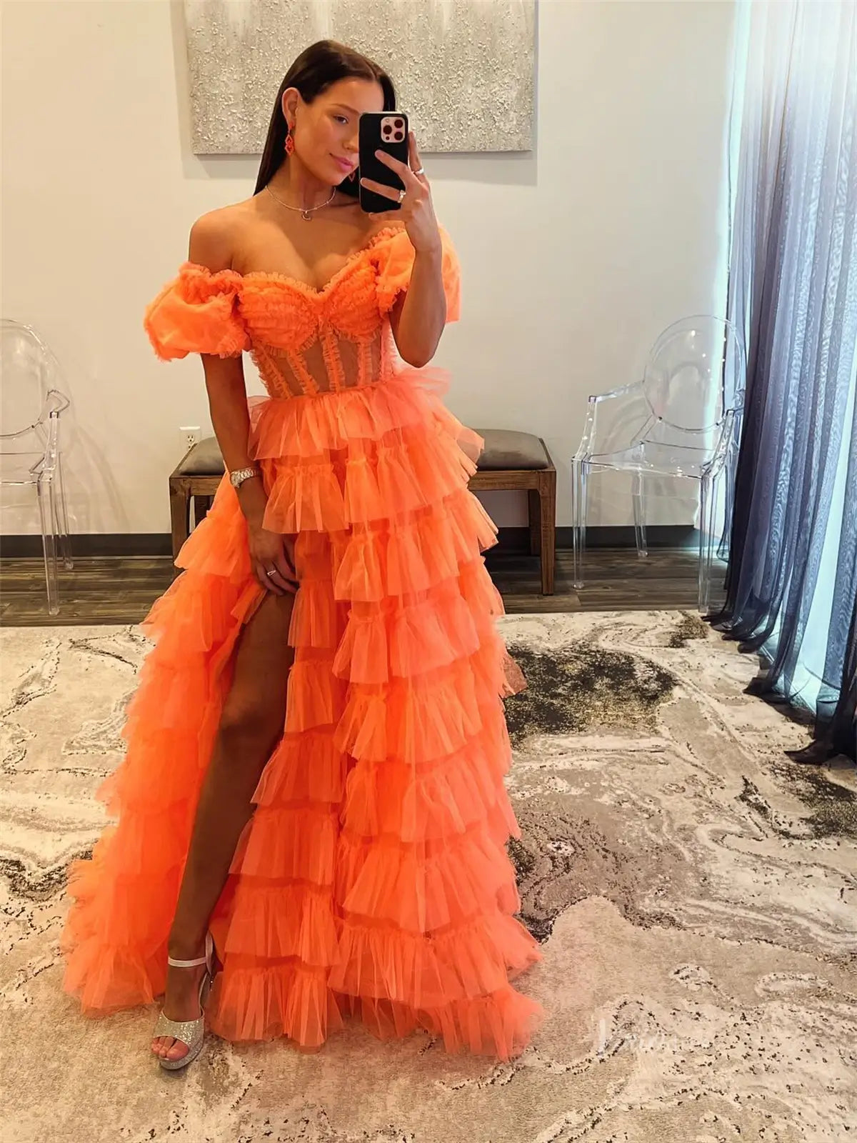 prom dresses 2025 Orange Pleated Tulle Ruffled Prom Dresses with Slit & Puffed Sleeve - FD3747-plus size wedding dresses Viniodress-Orange-Custom Size-