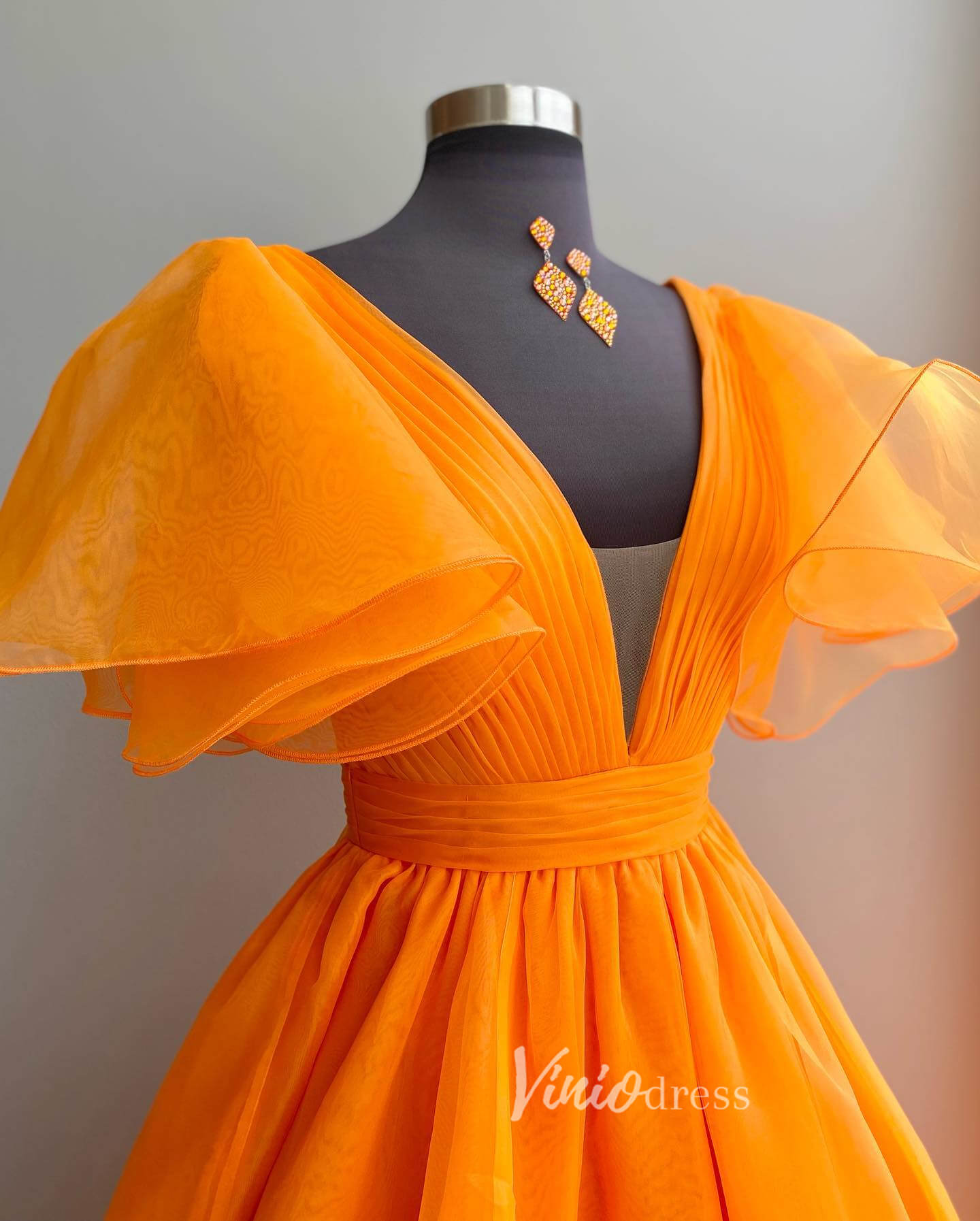 Orange Puffed Sleeve Organza Prom Dresses Plunging V-Neck Evening Dress FD3040-prom dresses 2025 -Viniodress-Orange-Custom Size-