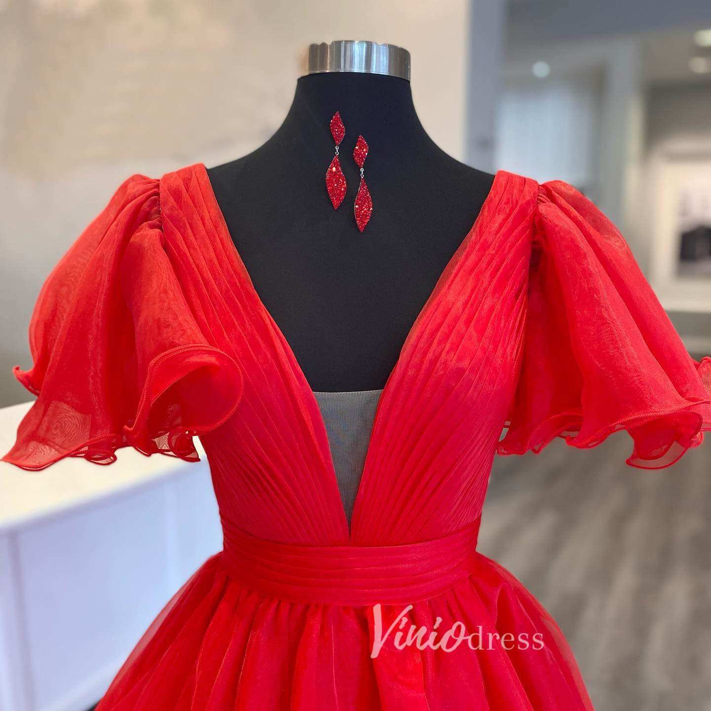 Orange Puffed Sleeve Organza Prom Dresses Plunging V-Neck Evening Dres –  Viniodress