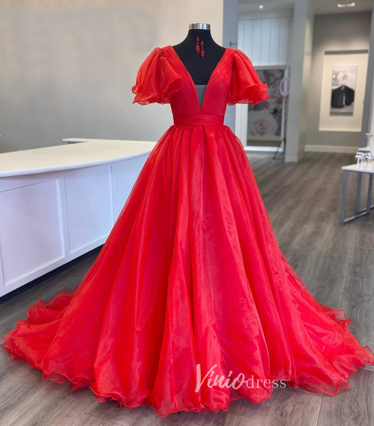 Prom Dress 2025 Orange Puffed Sleeve Organza Prom Dresses Plunging V-Neck Evening Dress FD3040-unique prom dresses-Red-Custom Size-Viniodress