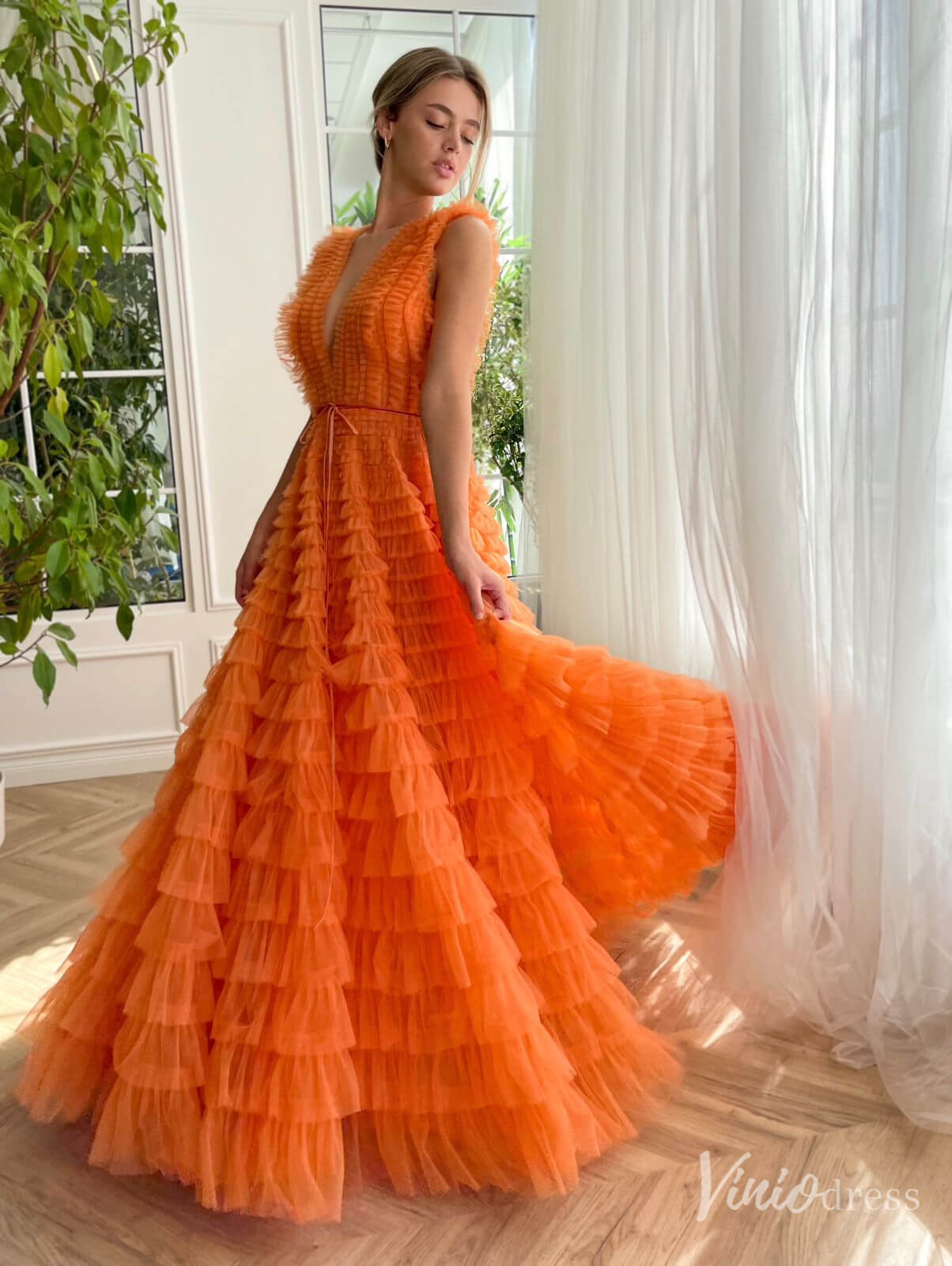 Orange Ruffled Tulle Prom Dresses with Belt Plunging V-Neck Formal Dress TO030-prom dresses-Viniodress-Viniodress