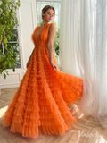 Orange Ruffled Tulle Prom Dresses with Belt Plunging V-Neck Formal Dress TO030-prom dresses-Viniodress-Viniodress