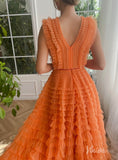 Orange Ruffled Tulle Prom Dresses with Belt Plunging V-Neck Formal Dress TO030-prom dresses-Viniodress-Viniodress