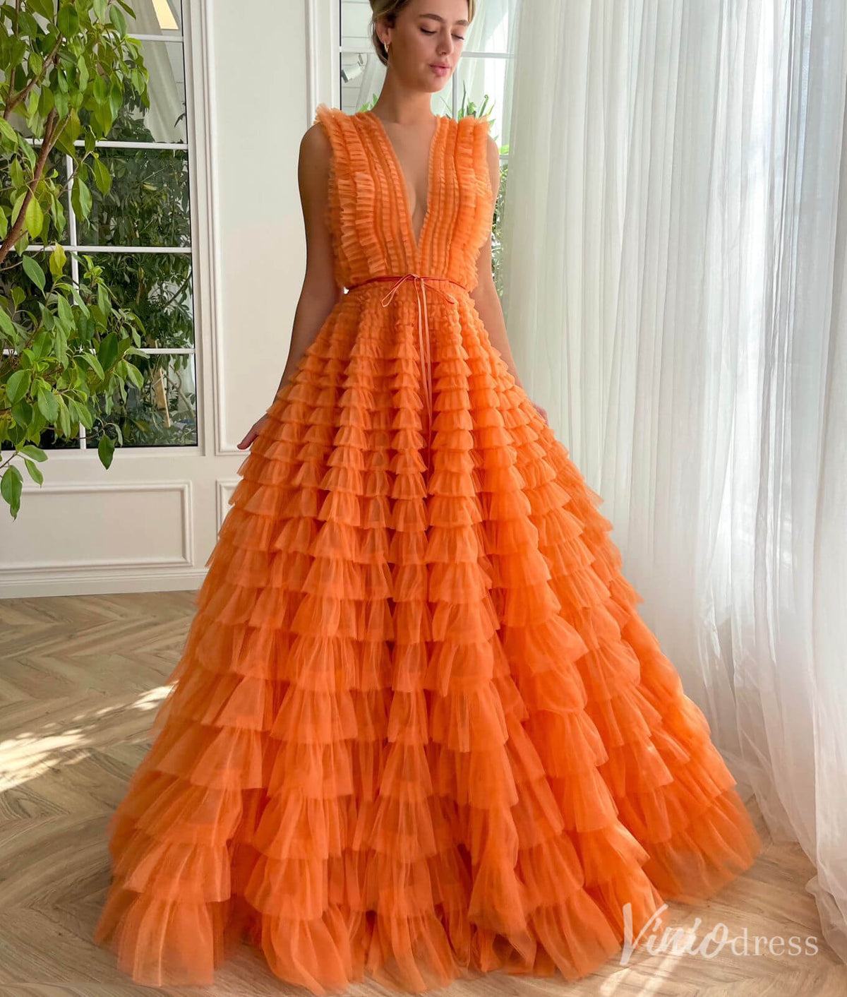 Orange Ruffled Tulle Prom Dresses with Belt Plunging V-Neck Formal Dress TO030-prom dresses-Viniodress-Orange-Custom Size-Viniodress