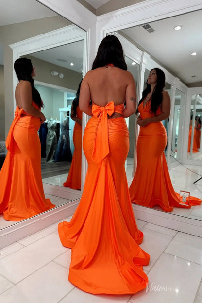 Orange Satin Halter Mermaid Prom Dress with Deep V Neckline, Open Back Bow Detail & Sweep Train – SS158-prom dresses 2026-Viniodress-Orange-Custom Size-