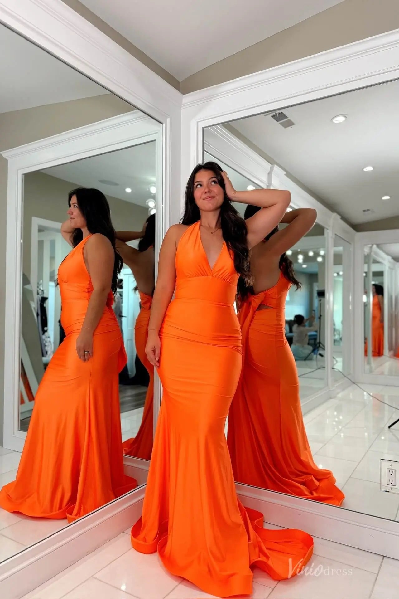 Orange Satin Halter Mermaid Prom Dress with Deep V Neckline, Open Back Bow Detail & Sweep Train – SS158-prom dresses 2026-Viniodress-Orange-Custom Size-