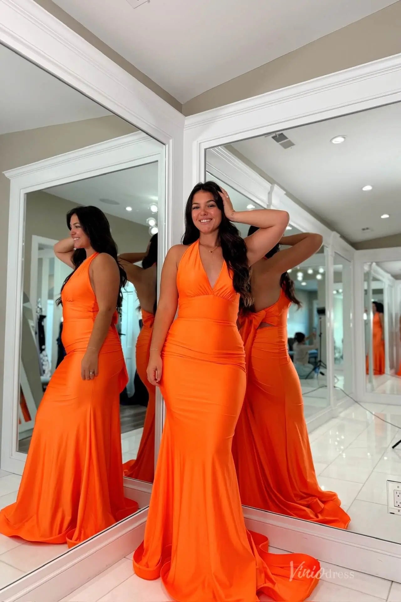 Orange Satin Halter Mermaid Prom Dress with Deep V Neckline, Open Back Bow Detail & Sweep Train – SS158