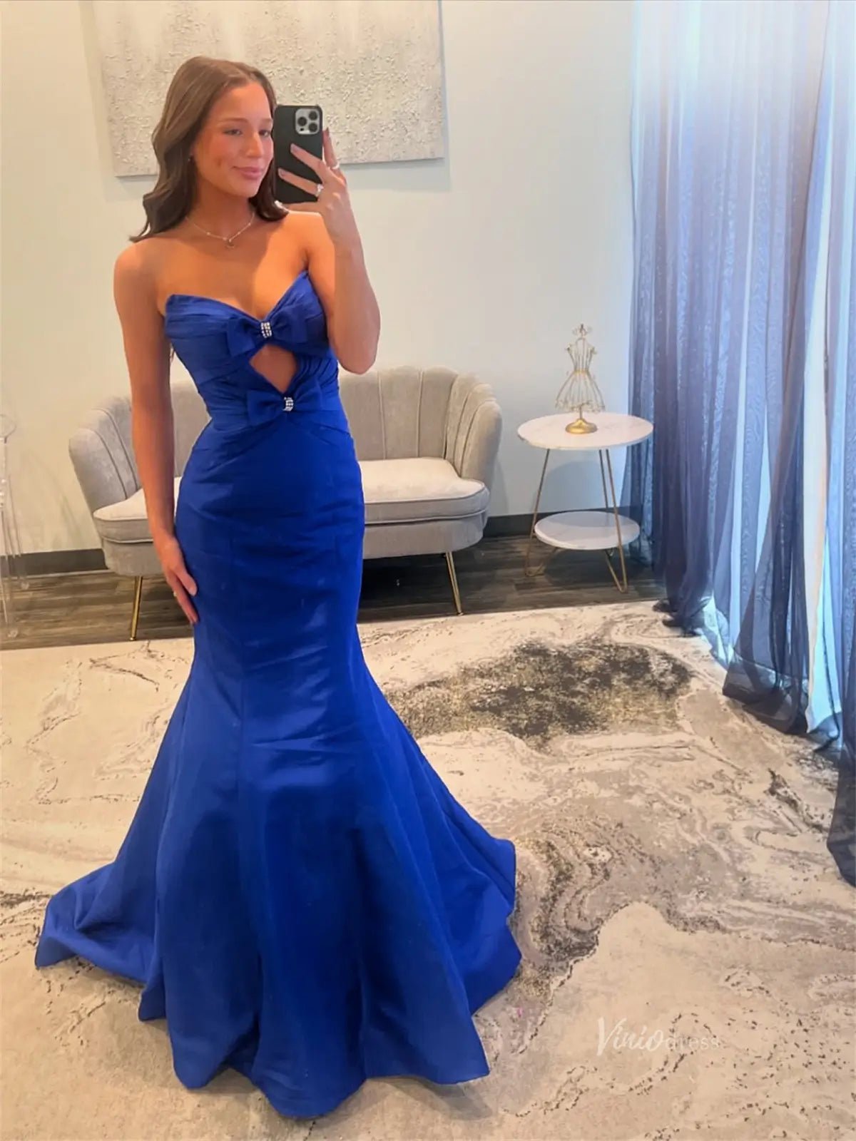 Orange Satin Mermaid Prom Dresses with Sweetheart Neckline & Bow - FD6010-prom dresses 2025 -Viniodress-Blue-Custom Size-