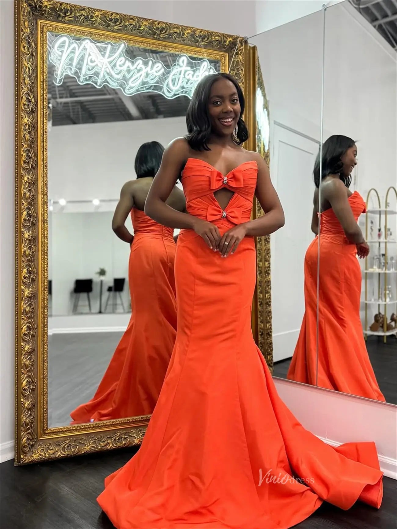 Orange Satin Mermaid Prom Dresses with Sweetheart Neckline & Bow - FD6010-prom dresses 2025 -Viniodress-Orange-Custom Size-