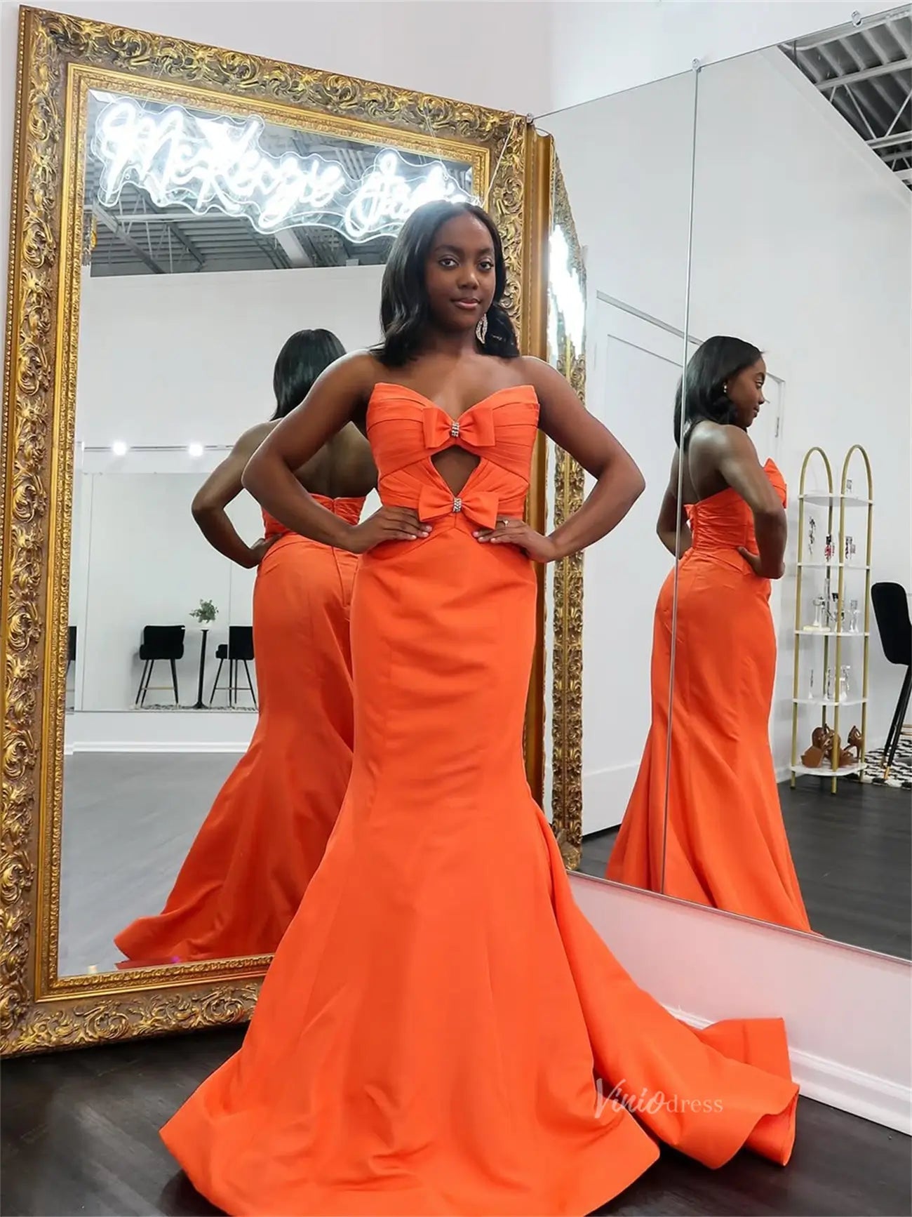Orange Satin Mermaid Prom Dresses with Sweetheart Neckline & Bow - FD6010-prom dresses 2025 -Viniodress-Orange-Custom Size-