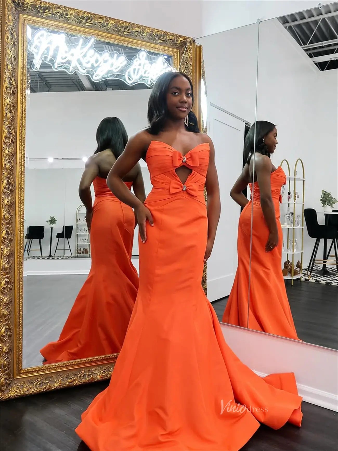 Orange Satin Mermaid Prom Dresses with Sweetheart Neckline & Bow - FD6010-prom dresses 2025 -Viniodress-Orange-Custom Size-