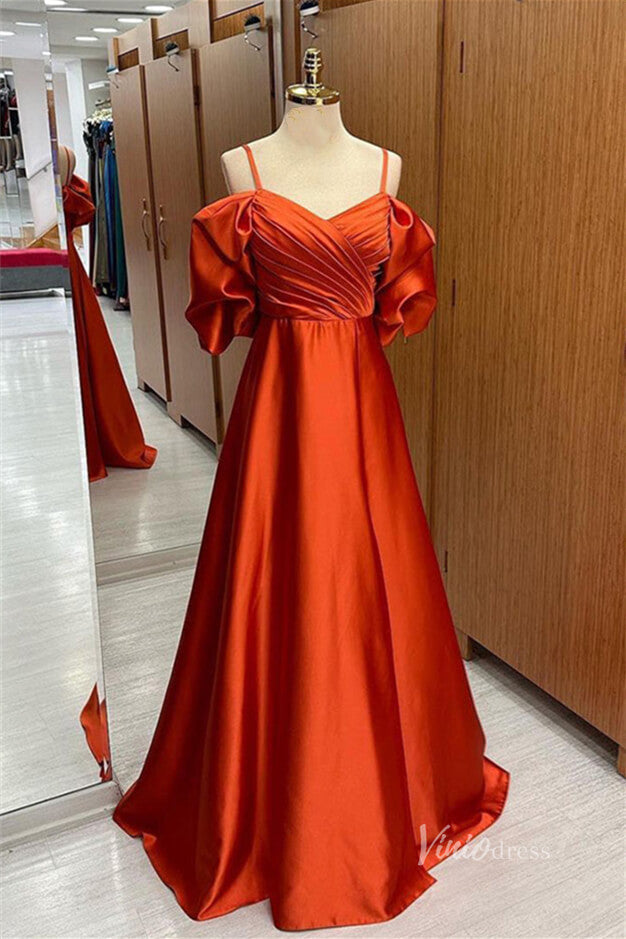 Orange Satin Pleated Cheap Prom Dresses Spaghetti Strap FD3985-prom dresses-Viniodress-Orange-Custom Size-Viniodress