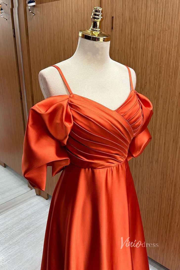 Orange Satin Pleated Prom Dresses Spaghetti Strap FD3985 - Viniodressprom dressesOrangeCustom Size - Formal Dresses - Ball Gowns