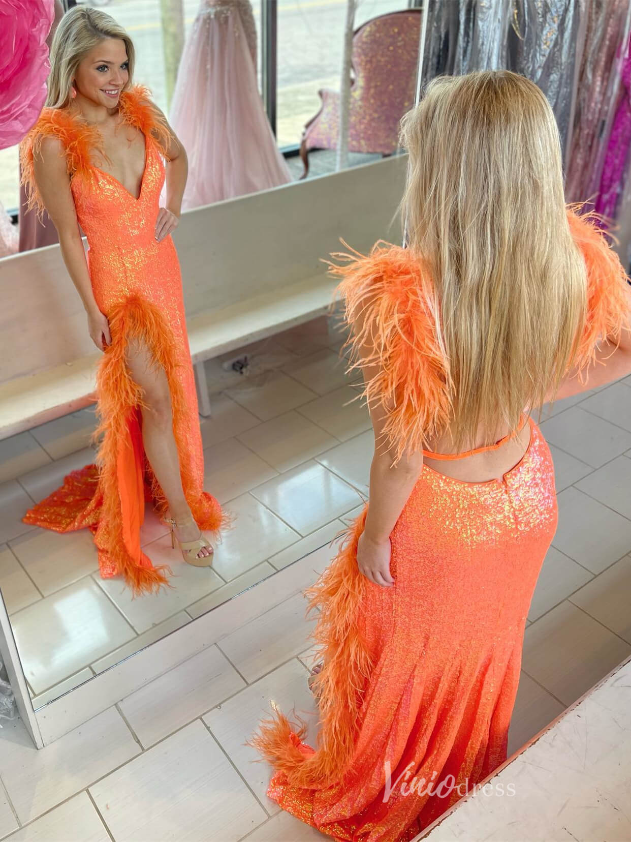 Orange Sequin Mermaid Prom Dresses with Slit Feather Strap V - Neck FD4008 - Viniodressprom dressesOrangeCustom Size - Formal Dresses - Ball Gowns