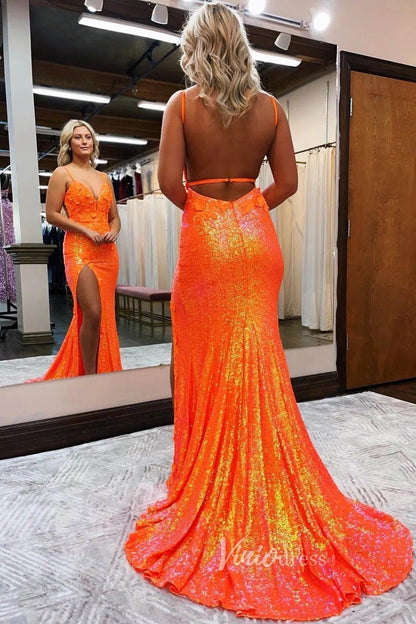 Orange Sequin Mermaid Prom Dresses with Slit Floral Evening Dress FD2849-prom dresses 2025 -Viniodress-Orange-Custom Size-