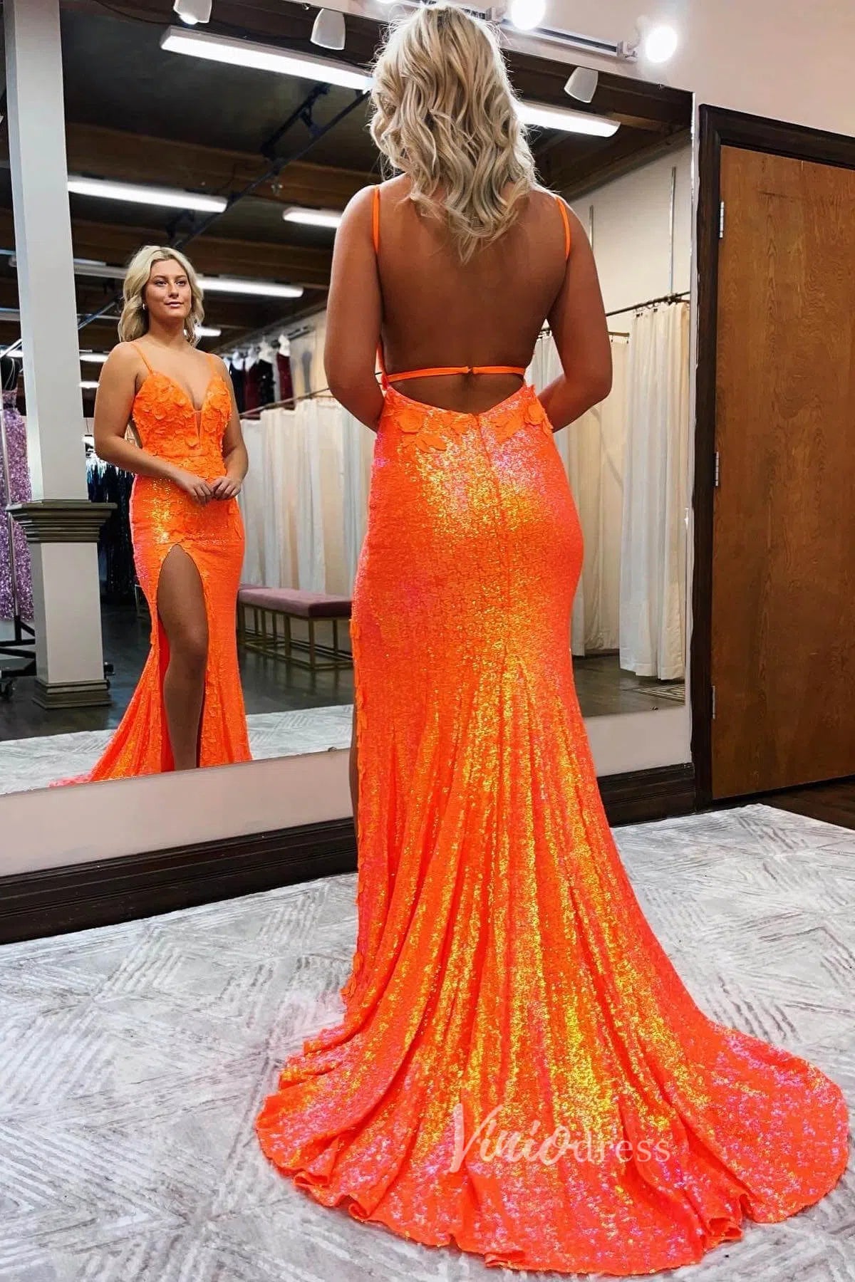 Orange Sequin Mermaid Prom Dresses with Slit Floral Evening Dress FD2849-prom dresses-Viniodress-Viniodress