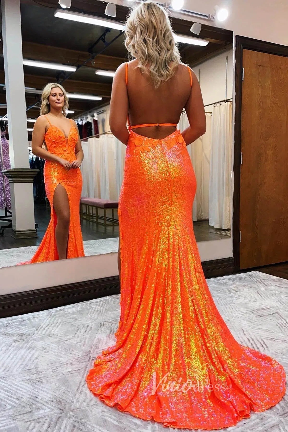 Prom Dress 2025 Orange Sequin Mermaid Prom Dresses with Slit Floral Evening Dress FD2849-unique prom dresses-Orange-Custom Size-Viniodress