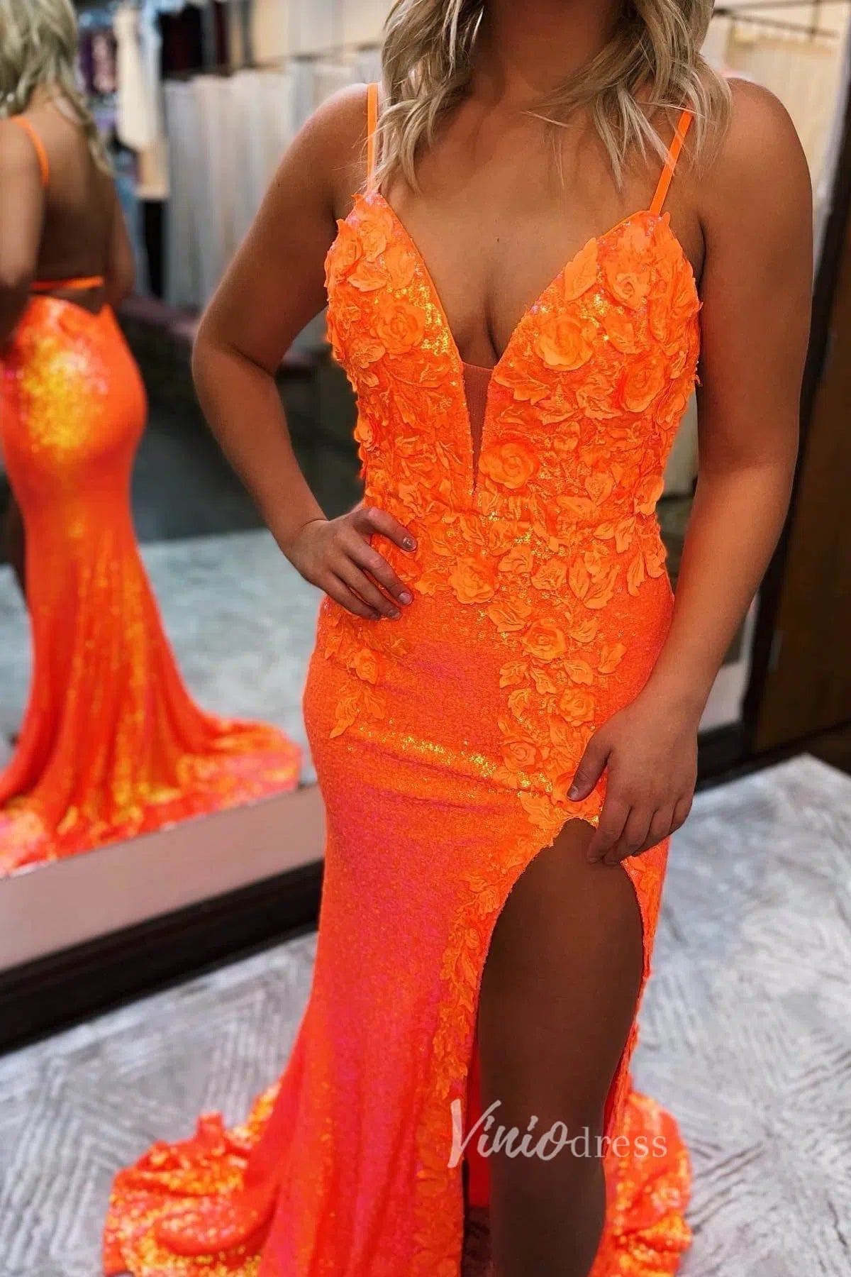 Prom Dress 2025 Orange Sequin Mermaid Prom Dresses with Slit Floral Evening Dress FD2849-unique prom dresses-Orange-Custom Size-Viniodress