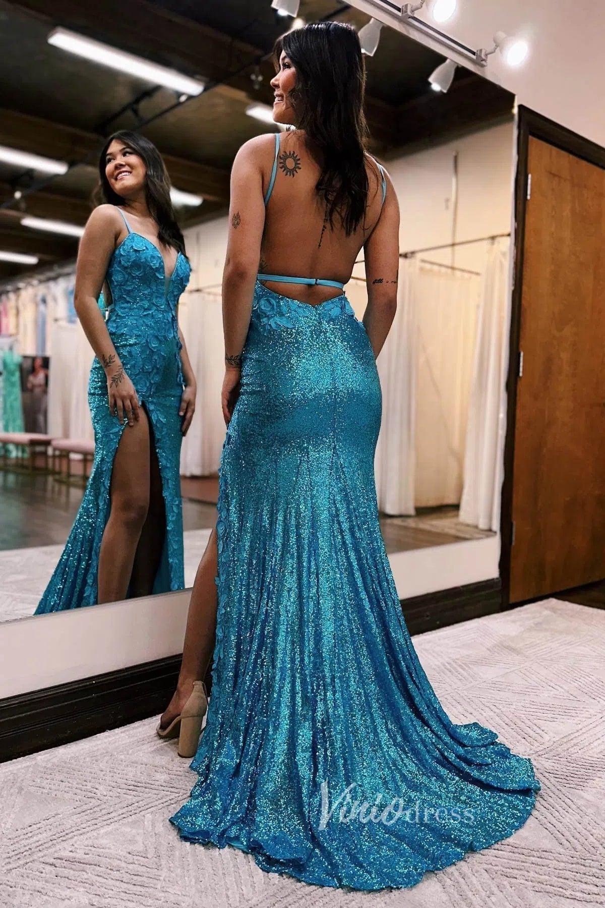 Prom Dress 2025 Orange Sequin Mermaid Prom Dresses with Slit Floral Evening Dress FD2849-unique prom dresses-Orange-Custom Size-Viniodress