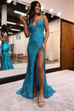 Orange Sequin Mermaid Prom Dresses with Slit Floral Evening Dress FD2849-prom dresses-Viniodress-Teal-Custom Size-Viniodress