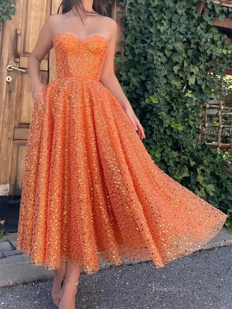 prom dresses 2025 Orange Sequin Prom Dresses 2025 Strapless Homecoming Dresses with Pockets - TO0001-plus size wedding dresses Viniodress-Orange-Custom Size-