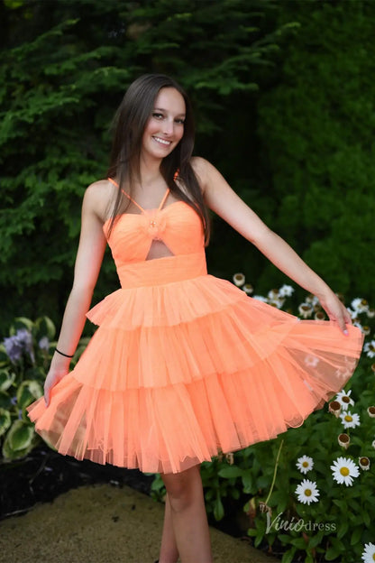 Orange Spaghetti Strap Tiered Tulle Homecoming Dress with Sweetheart Neckline and Floral Detail – H1131-Homecoming Dresses 2025 -Viniodress-Orange-Custom Size-