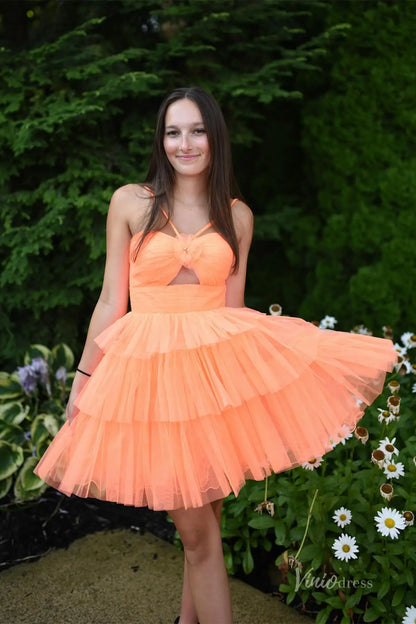 Orange Spaghetti Strap Tiered Tulle Homecoming Dress with Sweetheart Neckline and Floral Detail – H1131-Homecoming Dresses 2025 -Viniodress-Orange-Custom Size-