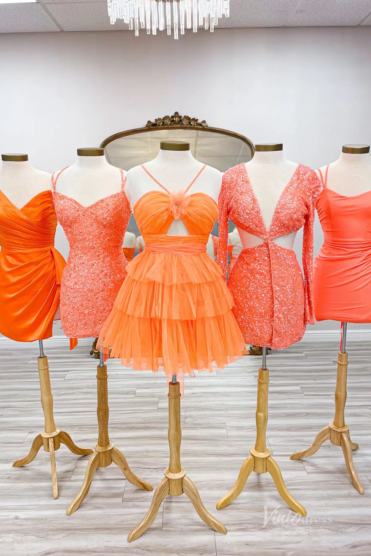 Orange Spaghetti Strap Tiered Tulle Homecoming Dress with Sweetheart Neckline and Floral Detail – H1131-Homecoming Dresses 2025 -Viniodress-Orange-Custom Size-
