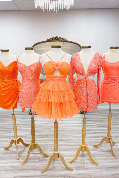 Orange Spaghetti Strap Tiered Tulle Homecoming Dress with Sweetheart Neckline and Floral Detail – H1131-Homecoming Dresses 2025 -Viniodress-Orange-Custom Size-