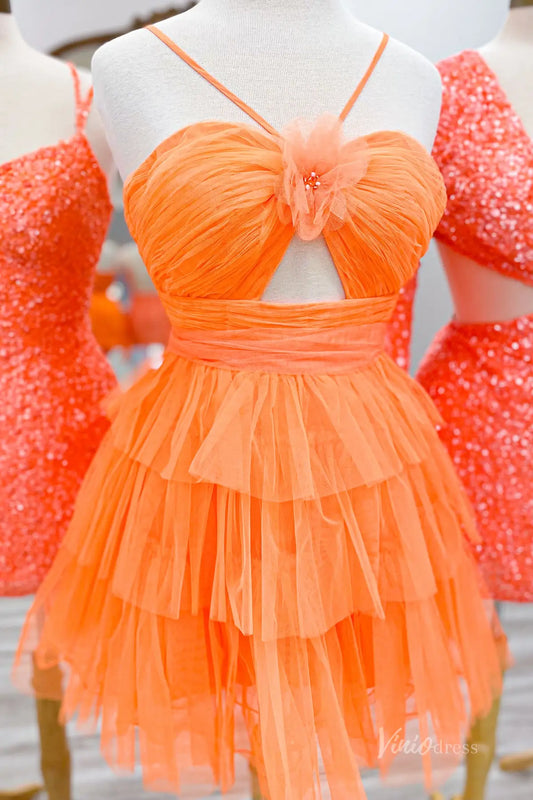 Orange Spaghetti Strap Tiered Tulle Homecoming Dress with Sweetheart Neckline and Floral Detail – H1131-Homecoming Dresses 2025 -Viniodress-Orange-Custom Size-