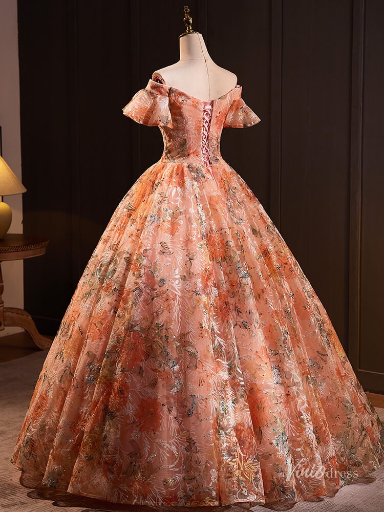 Orange Sparkly Lace Off the Shoulder Prom Ball Gown Puffed Sleeve Quinceanera Dresses BG024-prom dresses 2025 -Viniodress-Orange-Custom Size-