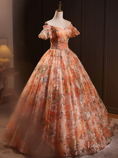 Orange Sparkly Lace Off the Shoulder Prom Ball Gown Puffed Sleeve Quinceanera Dresses BG024-prom dresses 2025 -Viniodress-Orange-Custom Size-