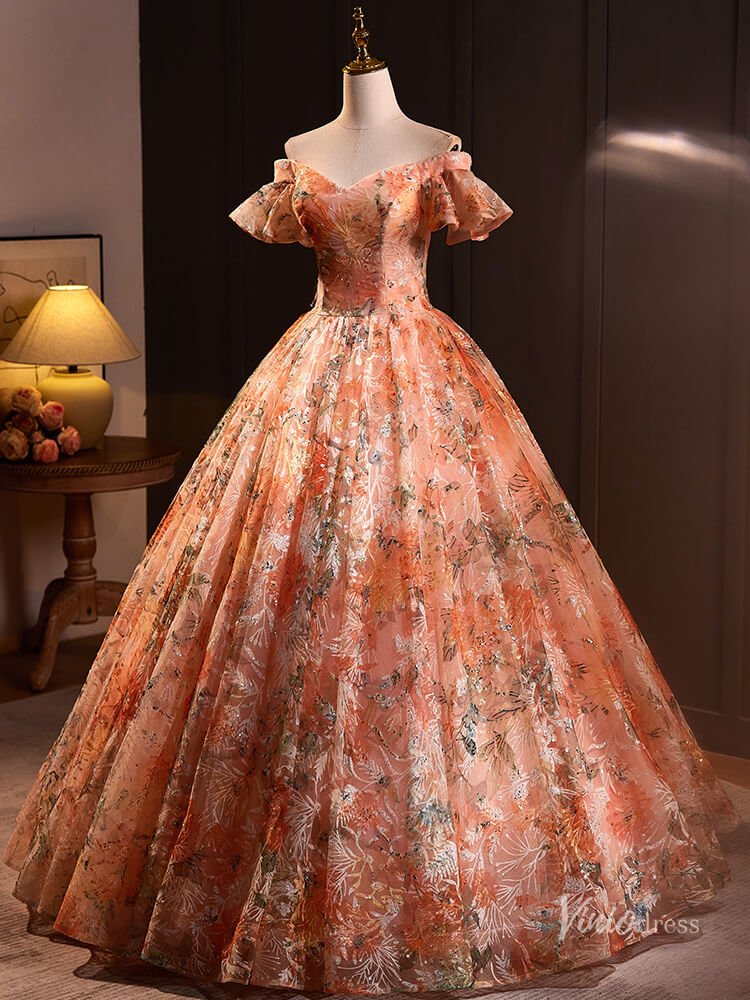 Orange Sparkly Lace Off the Shoulder Prom Ball Gown Puffed Sleeve Quinceanera Dresses BG024-prom dresses 2025 -Viniodress-Orange-Custom Size-