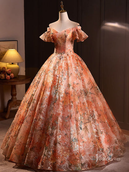 Orange Sparkly Lace Off the Shoulder Prom Ball Gown Puffed Sleeve Quinceanera Dresses BG024-prom dresses 2025 -Viniodress-Orange-Custom Size-