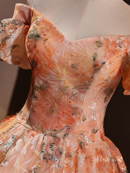Orange Sparkly Lace Off the Shoulder Prom Ball Gown Puffed Sleeve Quinceanera Dresses BG024-prom dresses 2025 -Viniodress-Orange-Custom Size-