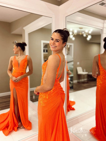 Orange Sparkly Satin Mermaid Prom Dresses with Slit Lace Applique Evening Dress FD3673-prom dresses 2025 -Viniodress-Orange-Custom Size-