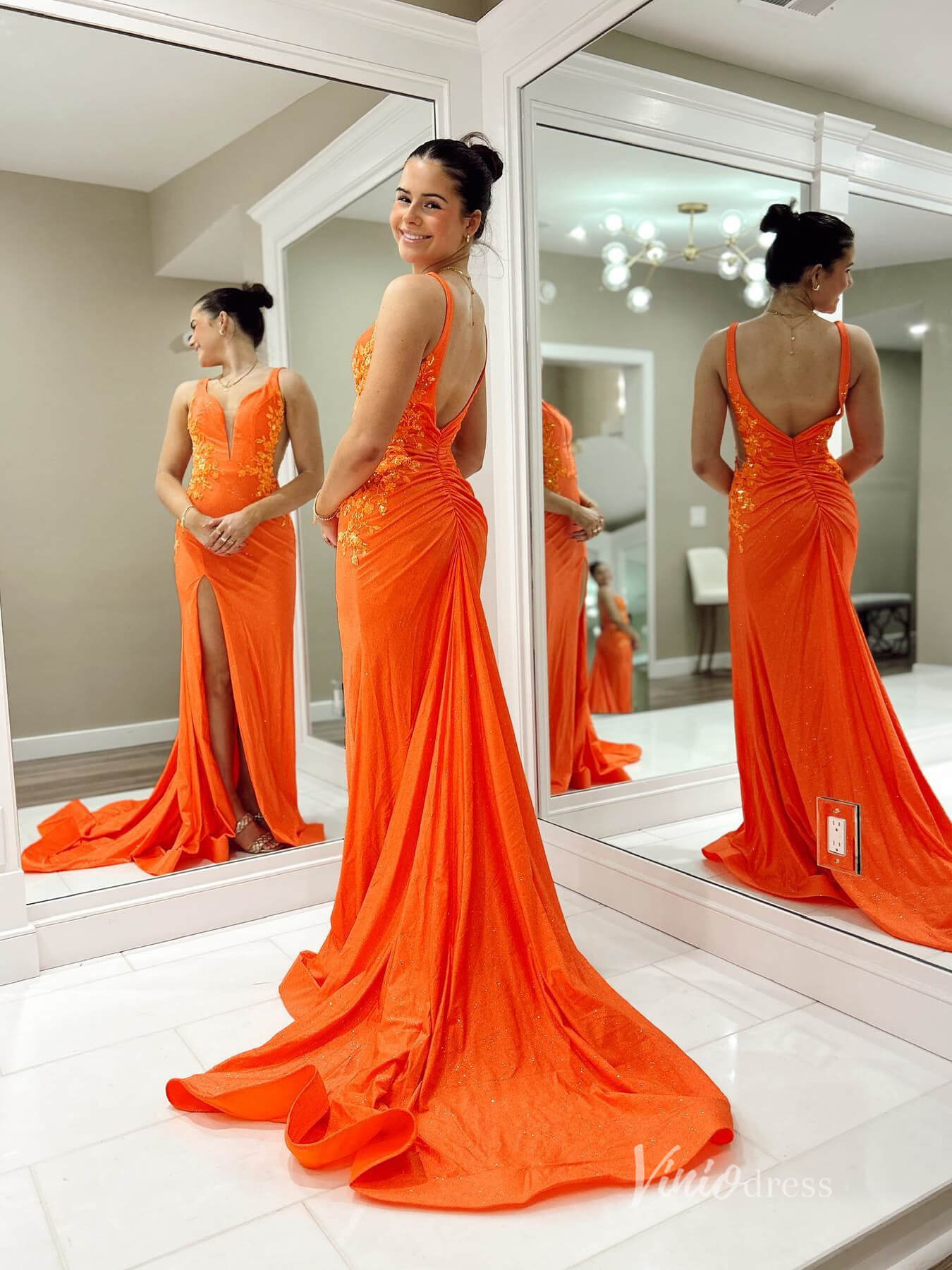 Orange Sparkly Satin Mermaid Prom Dresses with Slit Lace Applique Evening Dress FD3673 - Viniodressprom dressesOrangeCustom Size - Formal Dresses - Ball Gowns