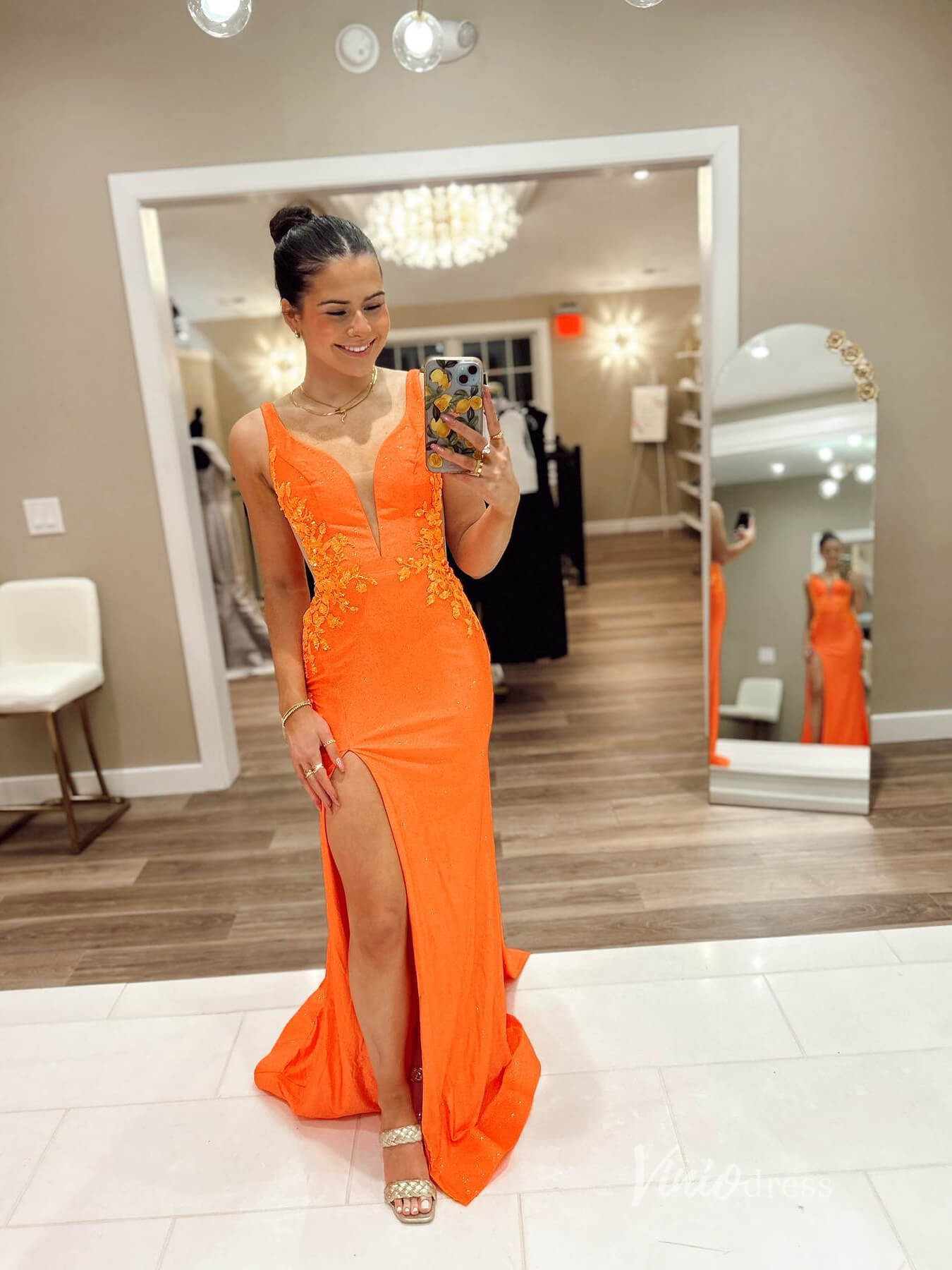 Orange Sparkly Satin Mermaid Prom Dresses with Slit Lace Applique Evening Dress FD3673 - Viniodressprom dressesOrangeCustom Size - Formal Dresses - Ball Gowns