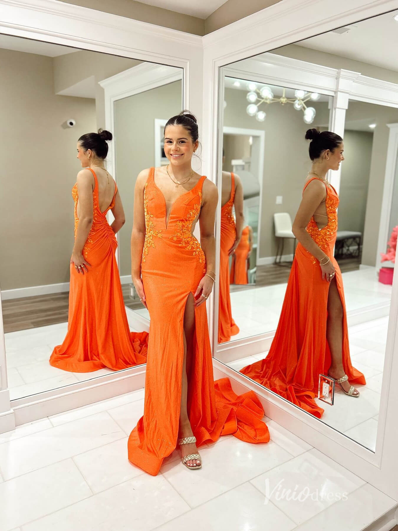 Orange Sparkly Satin Mermaid Prom Dresses with Slit Lace Applique Evening Dress FD3673 - Viniodressprom dressesOrangeCustom Size - Formal Dresses - Ball Gowns