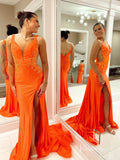 Orange Sparkly Satin Mermaid Prom Dresses with Slit Lace Applique Evening Dress FD3673
