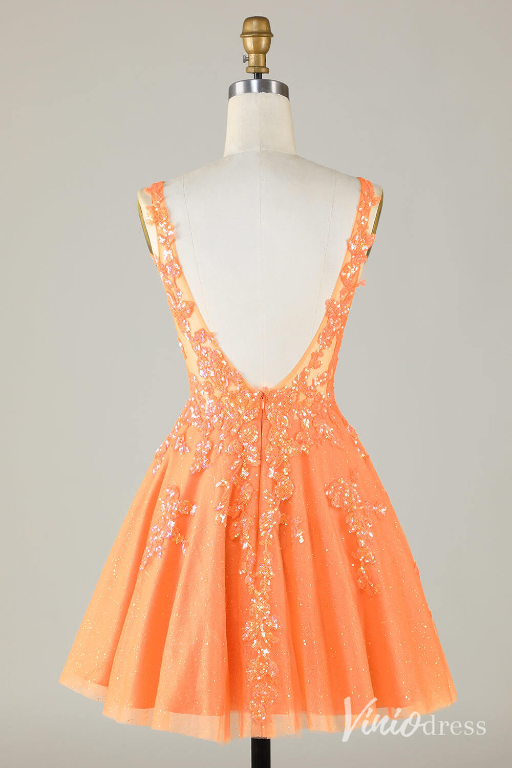 Orange Sparkly V-Neck Homecoming Dresses Lace Applique Back to School Dress S24072-Homecoming Dresses-Viniodress-Viniodress